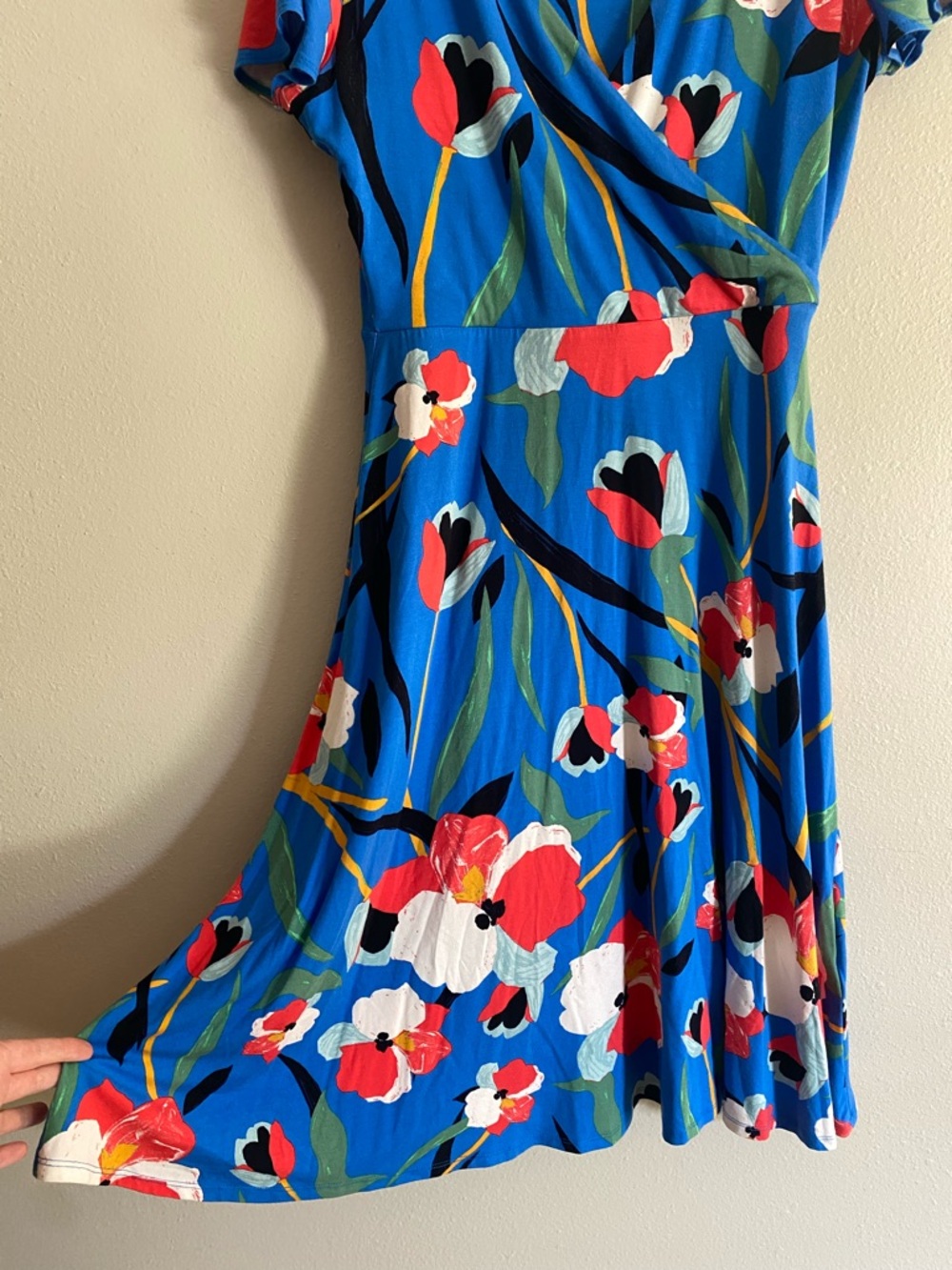 Sigrid Olsen Floral Faux Wrap Dress Size M Blue Red Tulip Print Jersey Midi - Picture 6 of 9